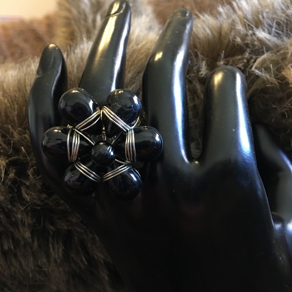 Silver tone wire wrapped black bead ring
